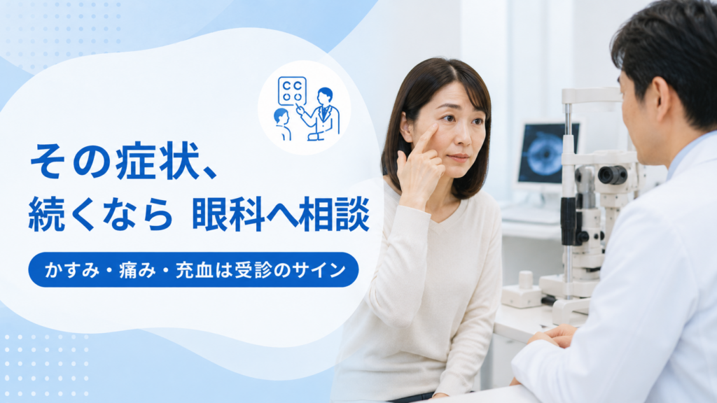 「その症状、続くなら眼科へ相談(かすみ・痛み・充血は受診のサイン)」の文字と、医師の診察を受ける男性の画像