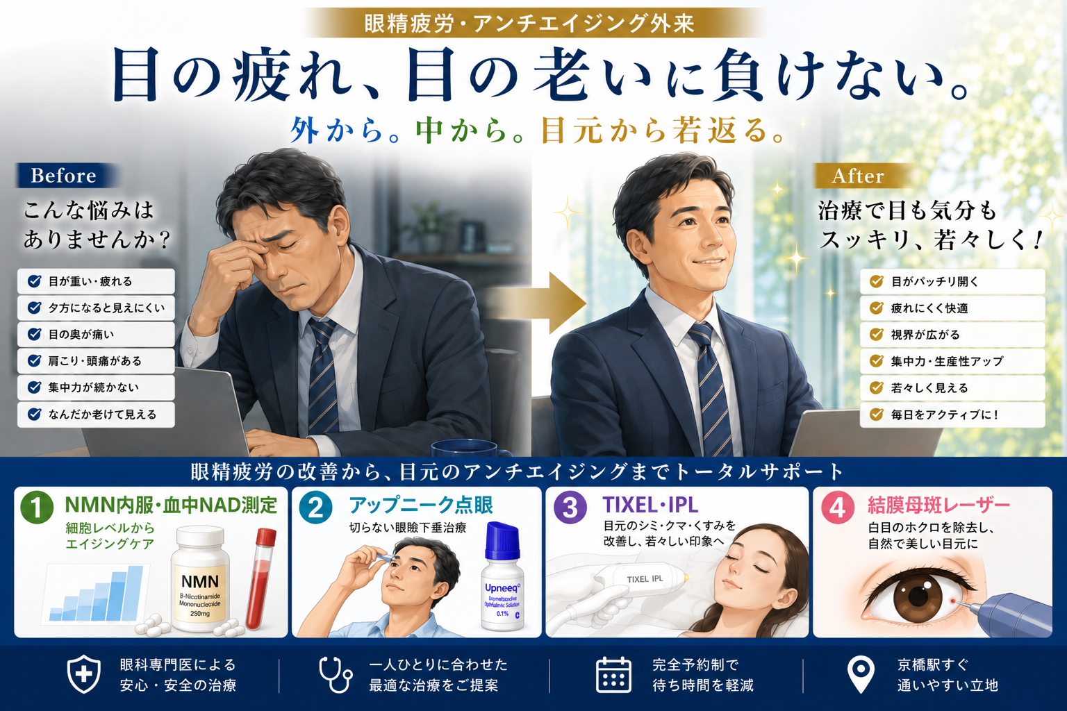 京橋いしづち眼科の「眼精疲労・アンチエイジング外来」を紹介する画像。目の疲れや目元のエイジングに関する悩みをテーマに、パソコン作業で目の疲れを感じる男性のイラストと、明るい表情の男性のイラストを左右に配置。下部には、①NMN内服・血中NAD測定、②アップニーク点眼、③TIXEL・IPL、④結膜母斑レーザーの4つの診療メニューを紹介。眼科専門医による診療や、一人ひとりに合わせた治療の提案、完全予約制、京橋駅近くの立地についても案内している。