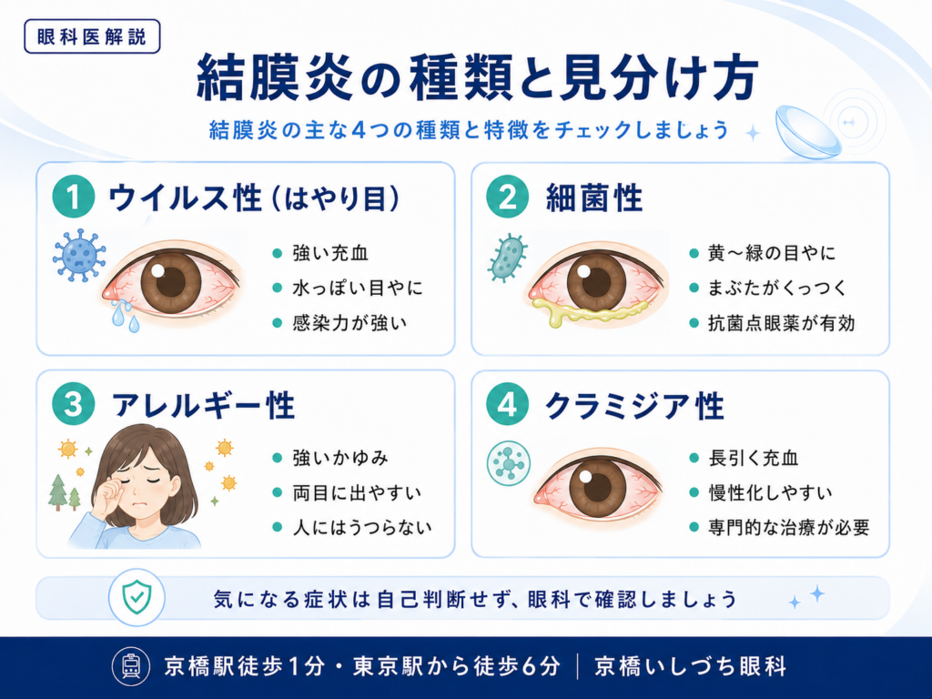 結膜炎の主な4つの種類（ウイルス性・細菌性・アレルギー性・クラミジア性）と見分け方の解説図 | 京橋いしづち眼科（東京駅・京橋駅）