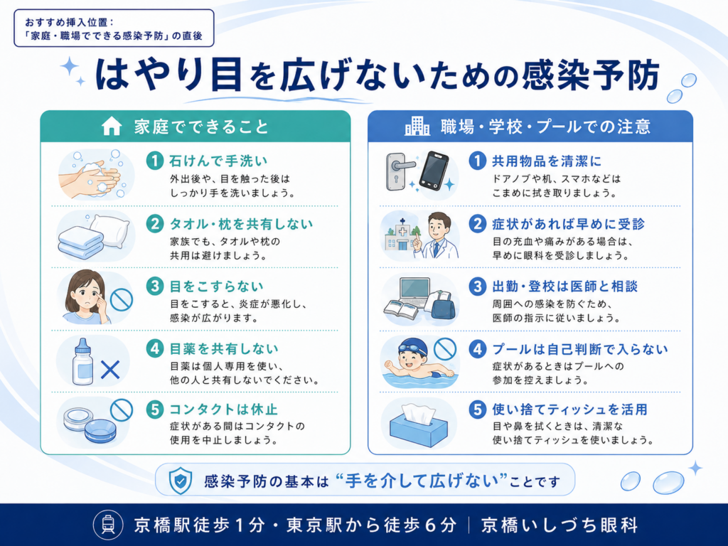 はやり目（結膜炎）を広げないための家庭・職場での感染予防6つのポイント解説図 | 京橋いしづち眼科（東京駅・京橋駅）