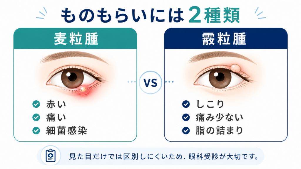 麦粒腫と霰粒腫の2種類があることを説明・解説している図解イメージ