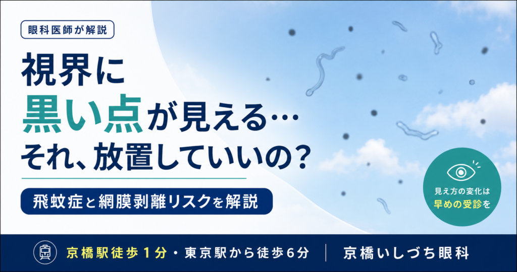 飛蚊症の症状（視界に黒い点や糸くずが見える現象）や受診の目安について解説したアイキャッチイメージ