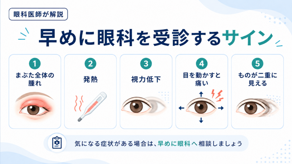 ものもらいで早めに眼科を受診すべき危険サインや症状の目安を示した解説イメージ