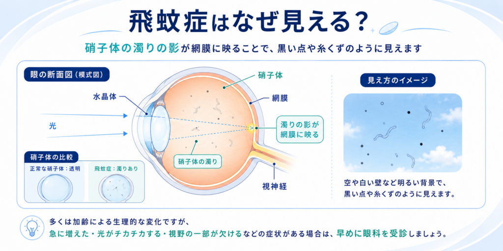 硝子体の濁りが網膜に影を落とし、視界に黒い点や糸くずが見える飛蚊症の発生メカニズムを示した図解イメージ
