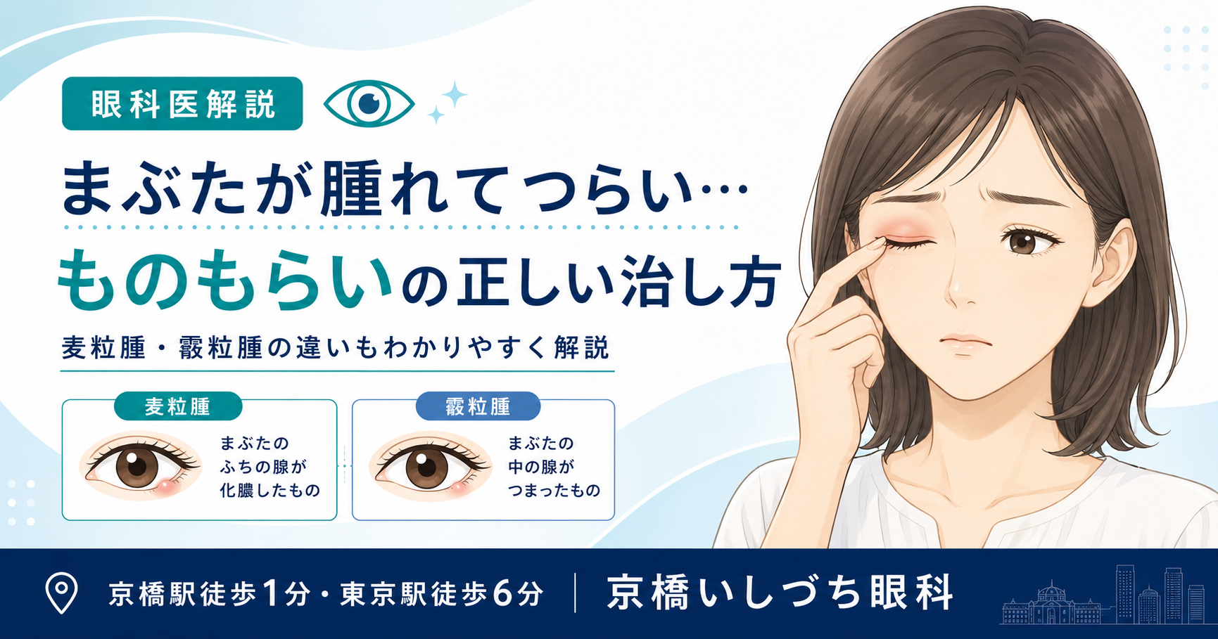 京橋いしづち眼科の診察室にて、女性医師が患者の目元を診察・検査している風景