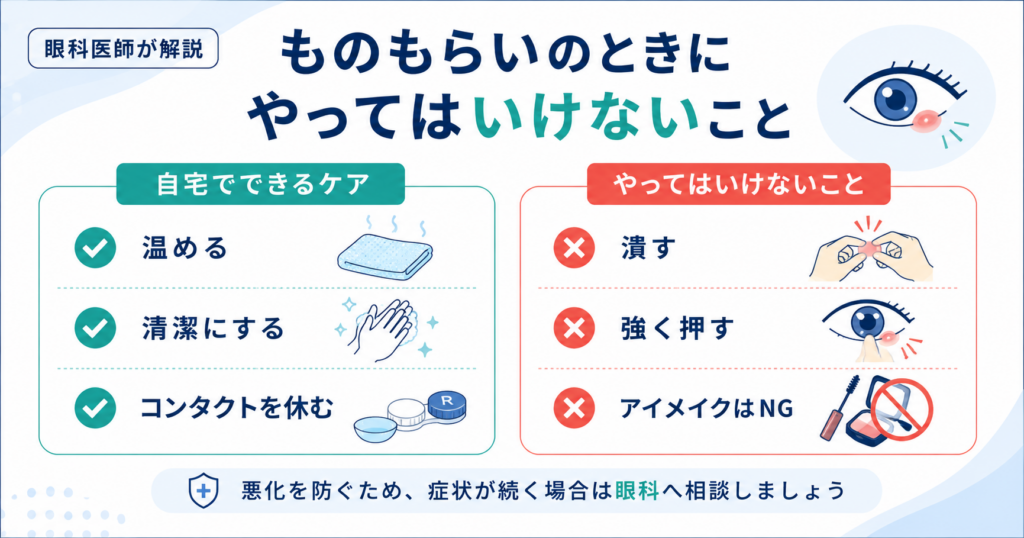 ものもらいの際に注意すべきNG行為(目を触る・つぶすなどの禁止事項)の解説イメージ