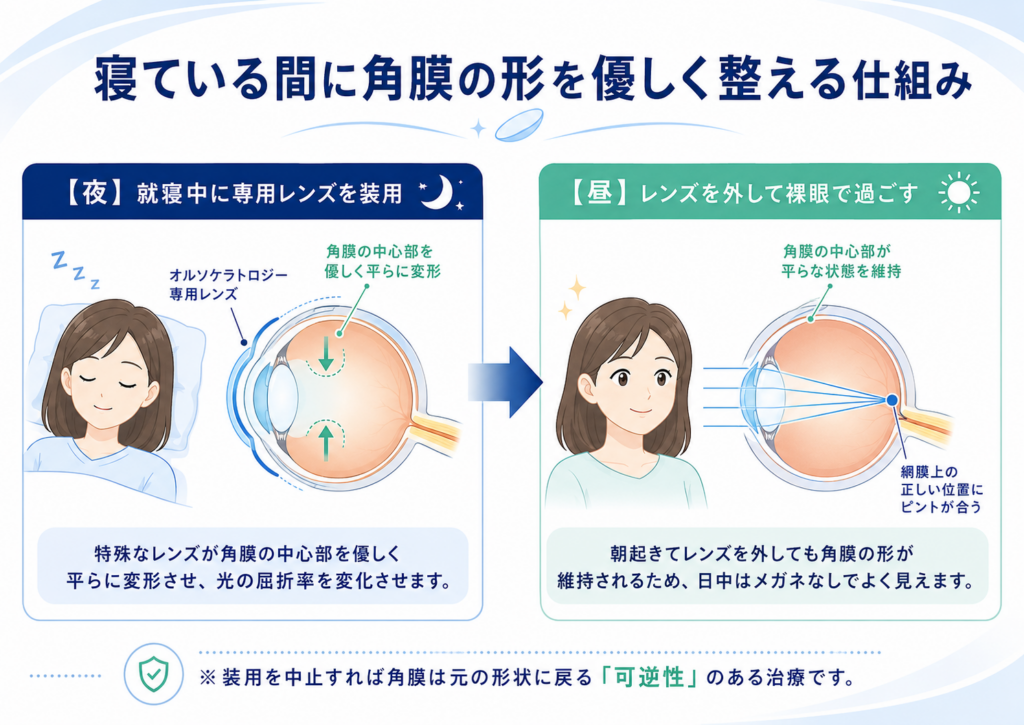 寝ている間にレンズを装用し角膜の形状を整える、オルソケラトロジーの仕組みの解説図|京橋駅・東京駅の眼科｜京橋いしづち眼科