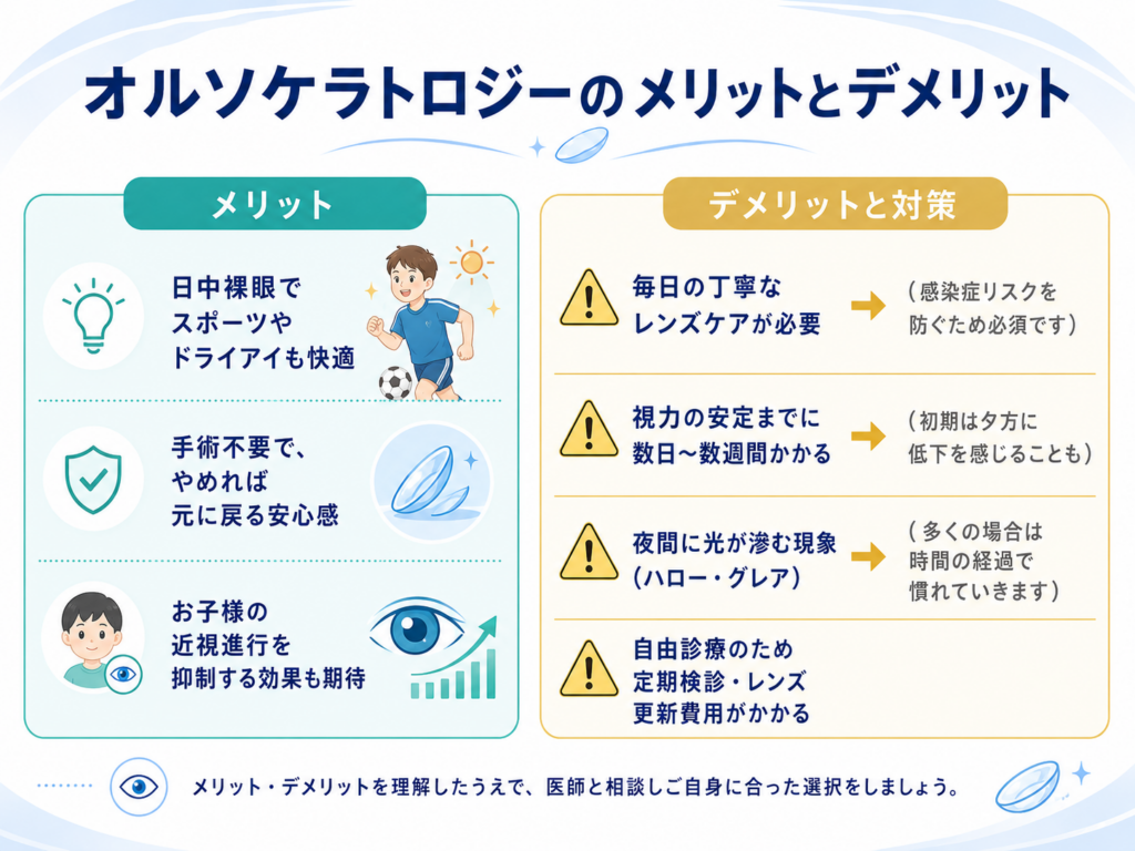 日中裸眼で過ごせる・手術不要・近視抑制効果など、オルソケラトロジーのメリットをまとめた解説図（京橋いしづち眼科）