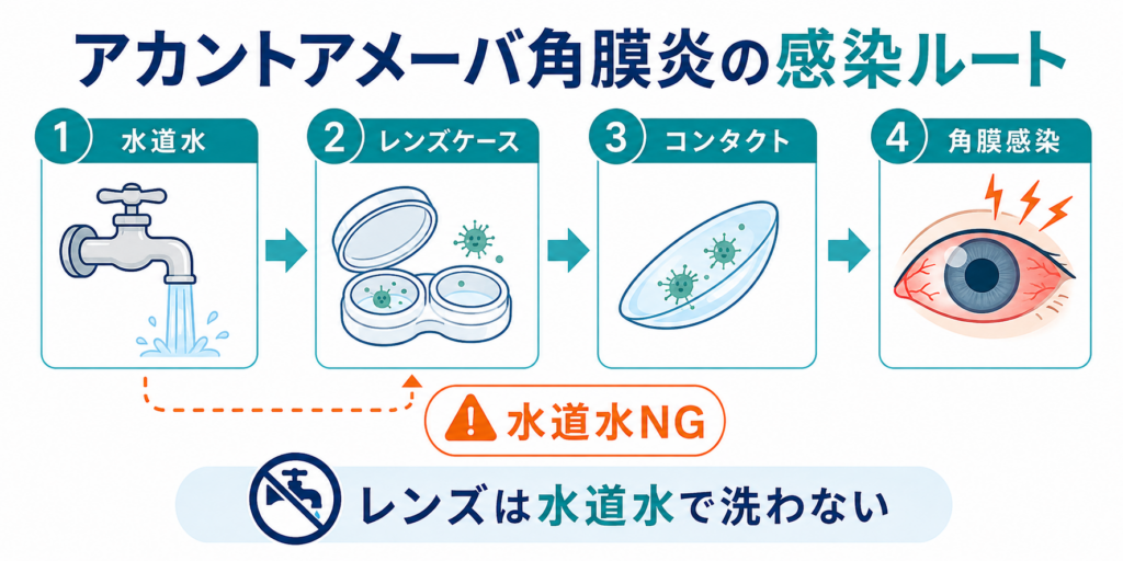 アカントアメーバ角膜炎の感染ルートの図解。1. 水道水、2. レンズケース、3. コンタクト、4. 角膜感染への順番を示したステップと、「水道水NG」「レンズは水道水で洗わない」という注意喚起のイラスト|京橋いしづち眼科(京橋駅徒歩1分・東京駅徒歩6分)