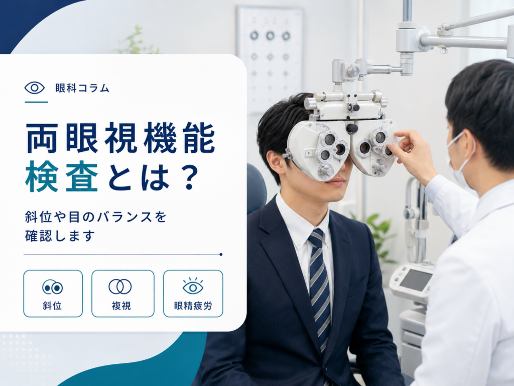 両眼視機能検査についての解説画像。「両眼視機能検査とは？斜位や目のバランスを確認します」というテキストと、斜位・複視・眼精疲労のピクトグラム、視力・屈折検査機器で両眼のバランスを検査している視能訓練士・患者のイラスト
