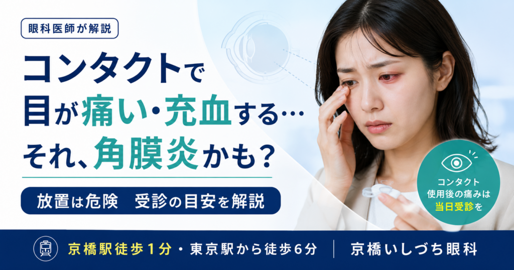 コンタクトで目が痛い・充血する…それ、角膜炎かも？放置は危険 受診の目安を解説（コンタクト使用後の痛みは当日受診を）｜京橋いしづち眼科（京橋駅徒歩1分・東京駅徒歩6分）