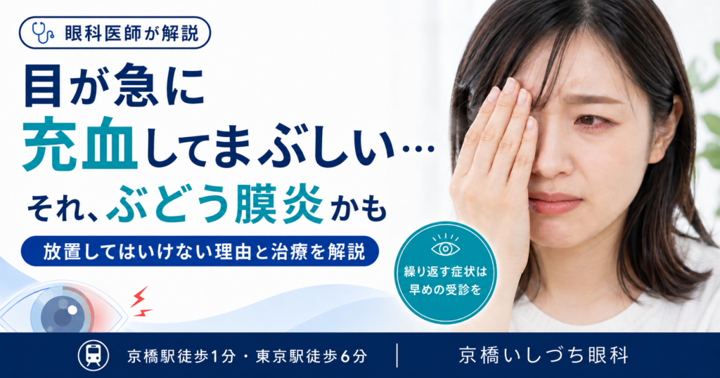 目が急に充血してまぶしい…それ、ぶどう膜炎かも 放置してはいけない理由と治療を解説（繰り返す症状は早めの受診を）｜京橋いしづち眼科（京橋駅徒歩1分・東京駅徒歩6分）