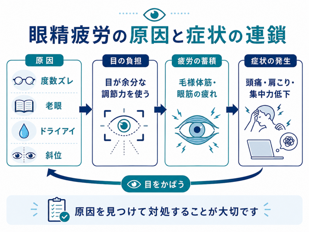眼精疲労の原因と症状の連鎖。度数ズレ・老眼・ドライアイ・斜位が原因となり、目が余分な調節力を使うことで毛様体筋・眼筋の疲労が蓄積し、頭痛・肩こり・集中力低下などの症状が発生・目をかばう悪循環の図解