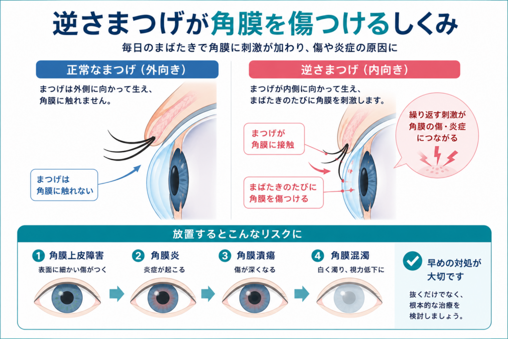 逆さまつげが角膜を傷つけるしくみの図解。正常なまつげ（外向き）と逆さまつげ（内向きでまばたきのたびに角膜を刺激する状態）の比較。放置すると角膜上皮障害・角膜炎・角膜潰瘍・角膜混濁へと進行するリスクを解説