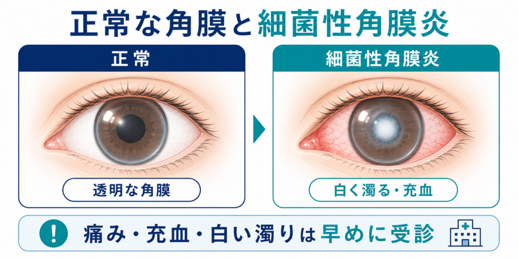 正常な角膜と細菌性角膜炎の比較図。「正常(透明な角膜)」と「細菌性角膜炎(白く濁る・充血)」の目のイラスト比較と、「痛み・充血・白い濁りは早めに受診」の案内|京橋いしづち眼科(京橋駅徒歩1分・東京駅徒歩6分)