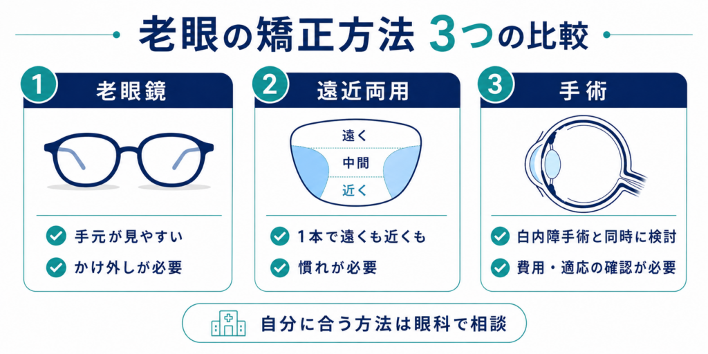 老眼の矯正方法3つの比較図。1.老眼鏡(手元が見えやすい・かけ外しが必要)、2.遠近両用(1本で遠くも近くも・慣れが必要)、3.手術(白内障手術と同時に検討・費用や適応の確認が必要)のポイント比較と「自分に合う方法は眼科で相談」の案内|京橋いしづち眼科(京橋駅徒歩1分・東京駅徒歩6分)
