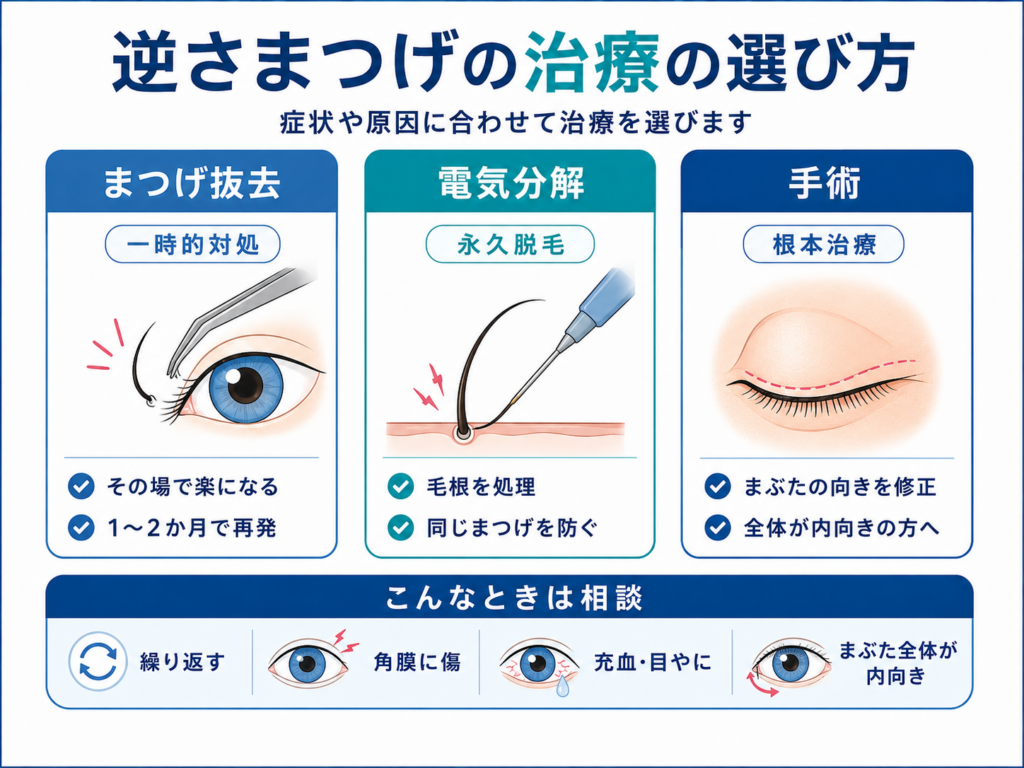 逆さまつげの治療の選び方の図解。1.まつげ抜去（一時的対処・その場で楽になる・1〜2か月で再発）、2.電気分解（永久脱毛・毛根を処理・同じまつげを防ぐ）、3.手術（根本治療・まぶたの向きを修正・全体が内向きの方へ）の比較。下部に「繰り返す・角膜に傷・充血目やに・まぶた全体が内向き」のときは相談というポイントを解説