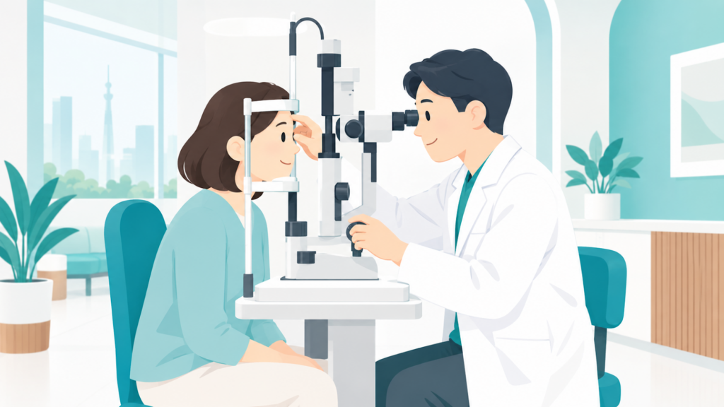 ものもらいの診察で、眼科医が患者の目やまぶたの状態を検査している様子