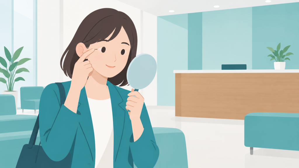 ものもらいが気になり、鏡でまぶたの状態を確認する女性